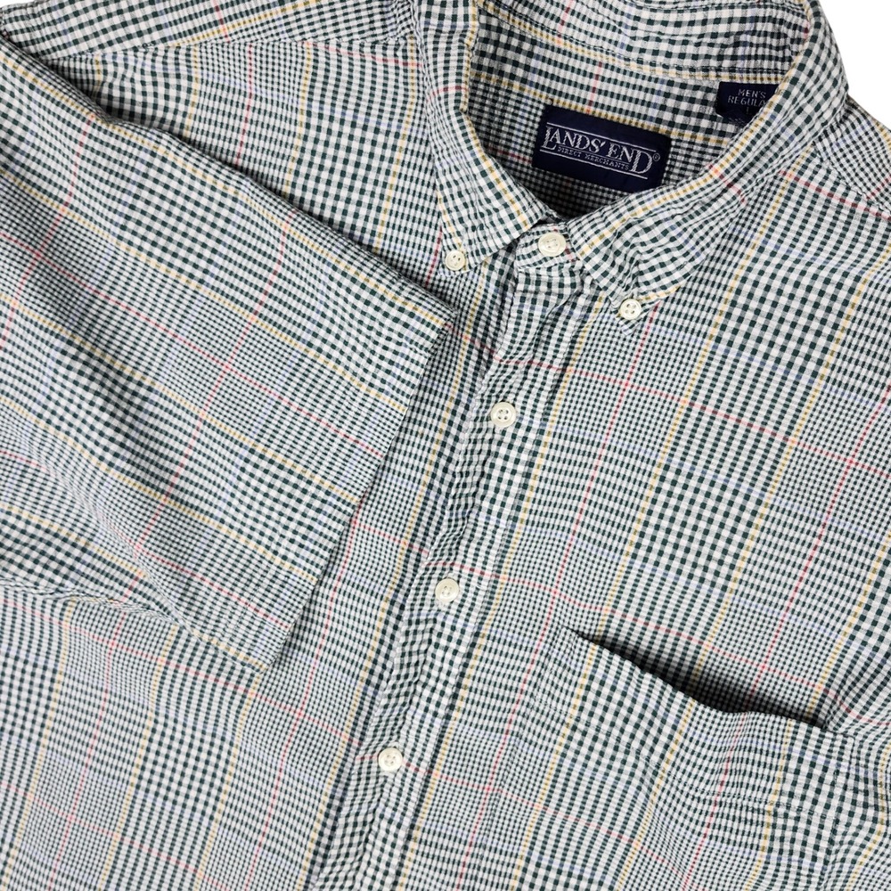 Lands End Mens Plaid Button Down Shirt‎ Short Sleeve Casual Classic Fit L